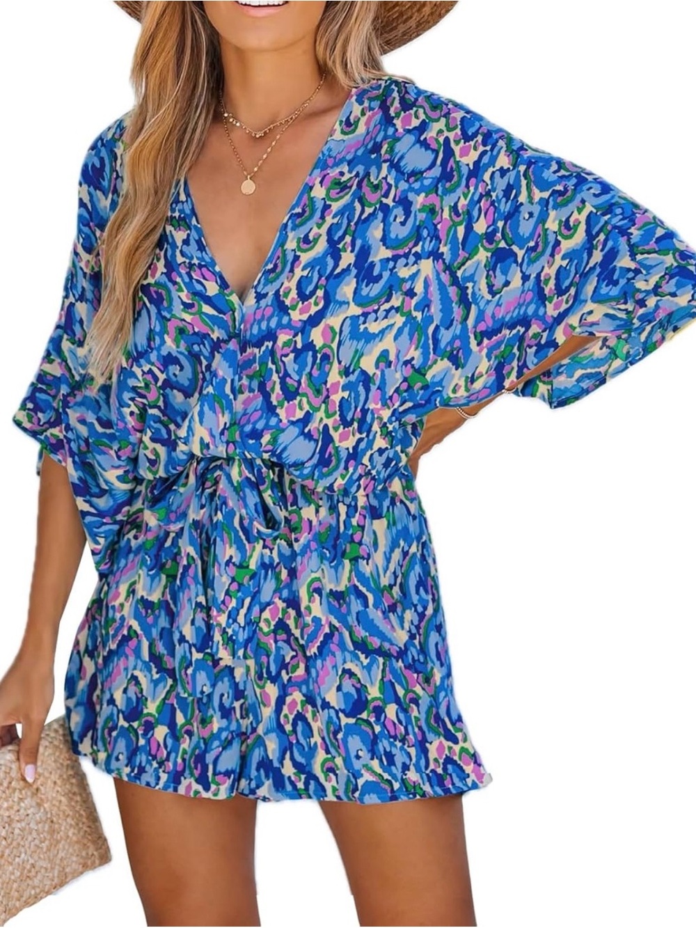 Vibrant Blue Abstract Print V-Neck Tie-Waist Romper